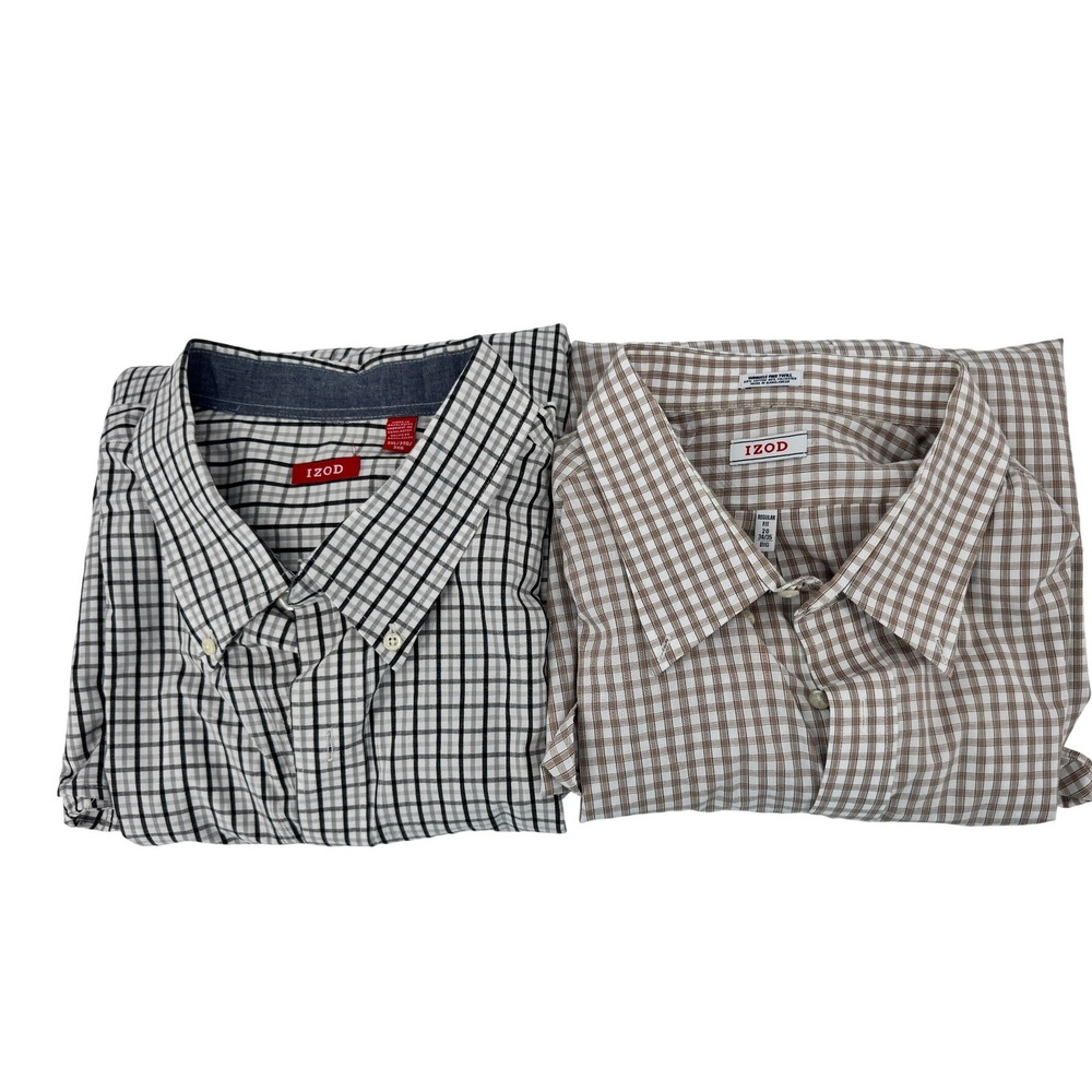 IZOD Button Down Shirt Bundle Mens 3XL Big Black Tan Gingham Grid Wrinkle Free‎